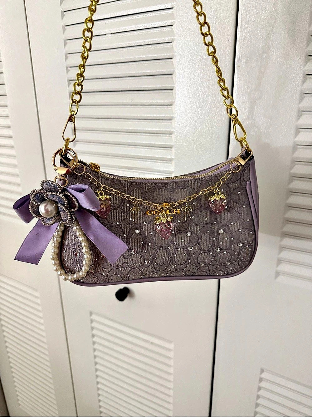Coach Swinger 20 in Crystal Signature Jacquard Shoulder Bag Purple & Brown